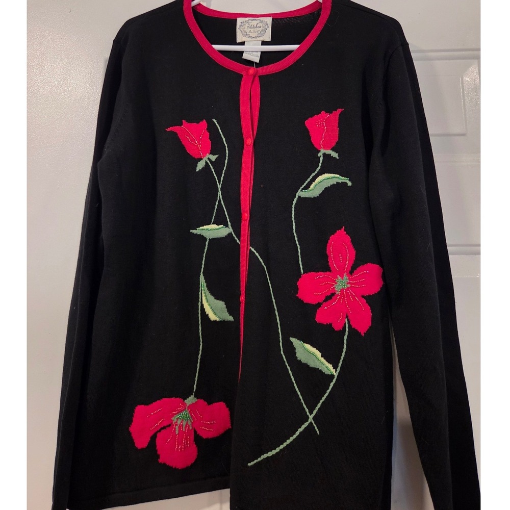 Stitches In Time Black red Floral Beaded Cotton Cardigan Sweater Large NWT